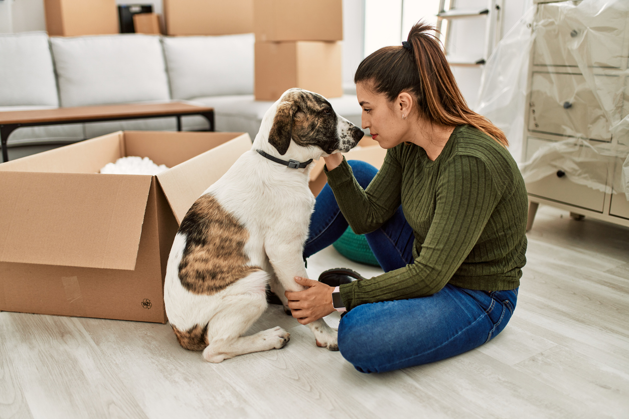 A young woman and her dog sit amid moving boxes in the middle of her new living room