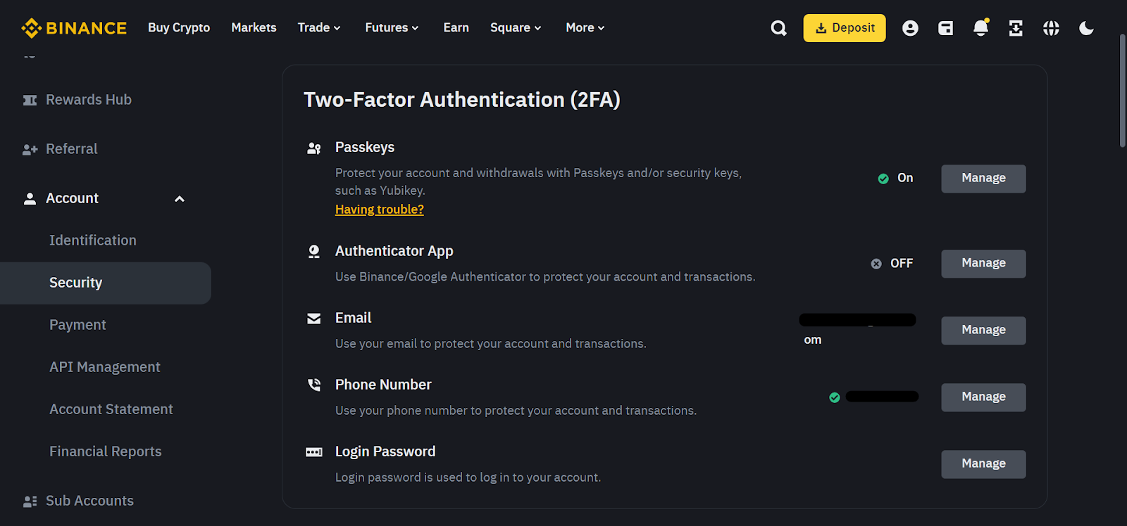 Secure your Binance account by enabling Two-Factor Authentication (2FA) using Google Authenticator or SMS for enhanced protection.