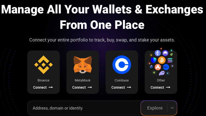 Interface for managing crypto wallets and exchanges, featuring options to connect Binance, MetaMask, Coinbase, and others.