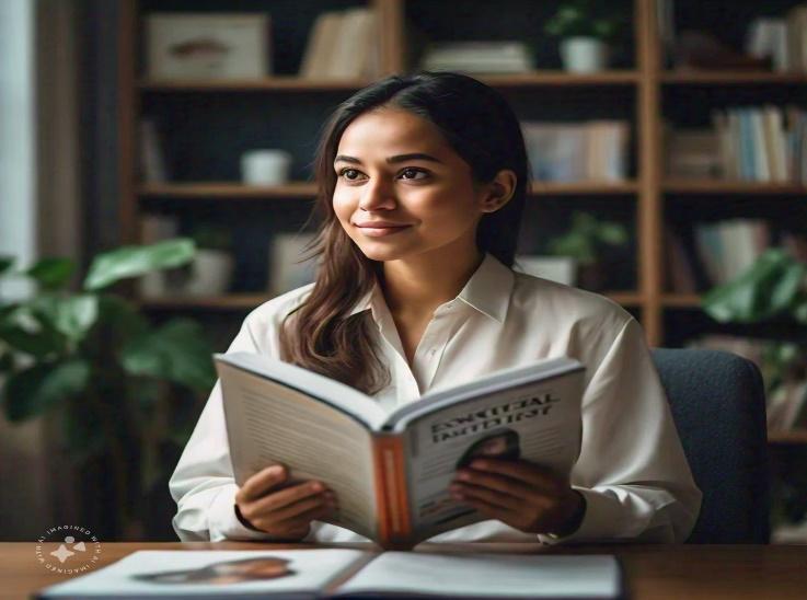 A person sitting at a desk reading a book<br />
<br />
Description automatically generated