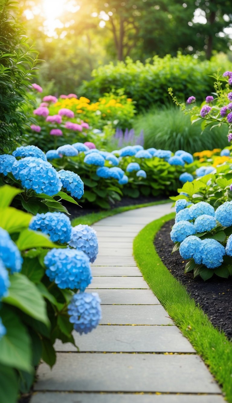 A garden path lined with vibrant blue wave hydrangeas leads through a lush and colorful landscape