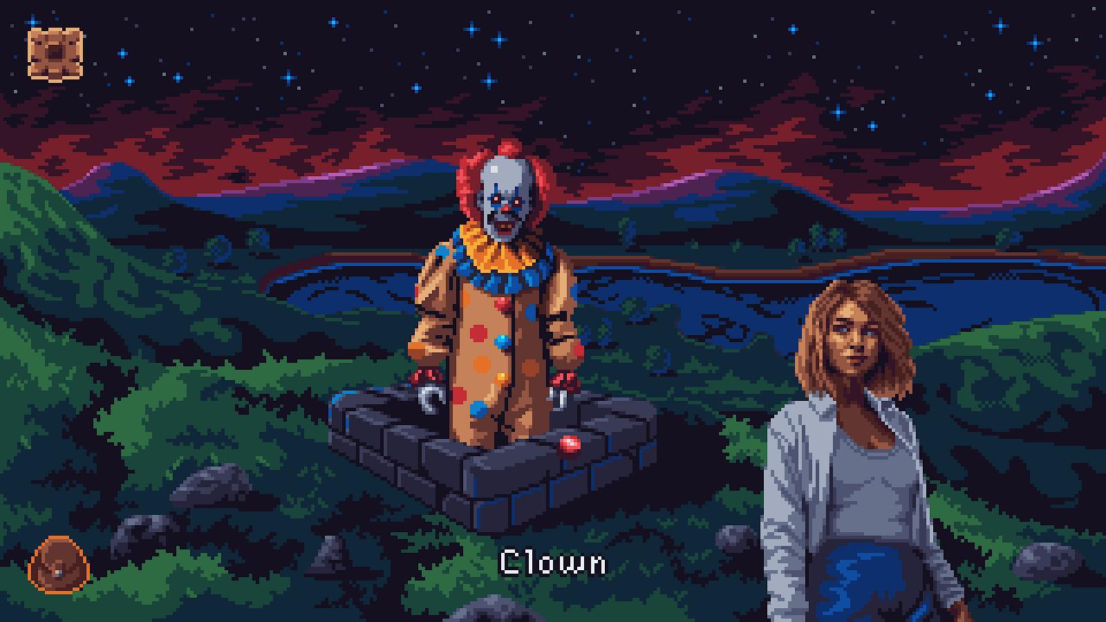 Evil clown looks at the viewer from a hole in the ground.