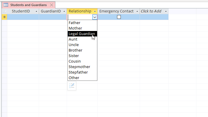 Table with five columns. Relationship field has a drop-down menu beneath the column head.