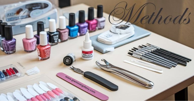 Image displaying a variety of nail art tools and supplies, including nail polish, brushes, cuticle pushers, and tips.