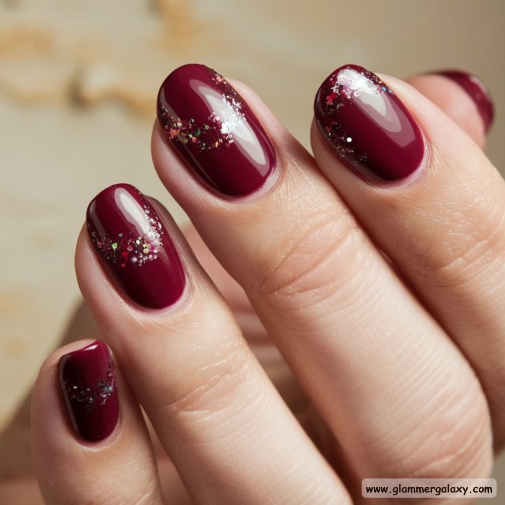 Korean fall nails having Rich Burgundy with Glitter
