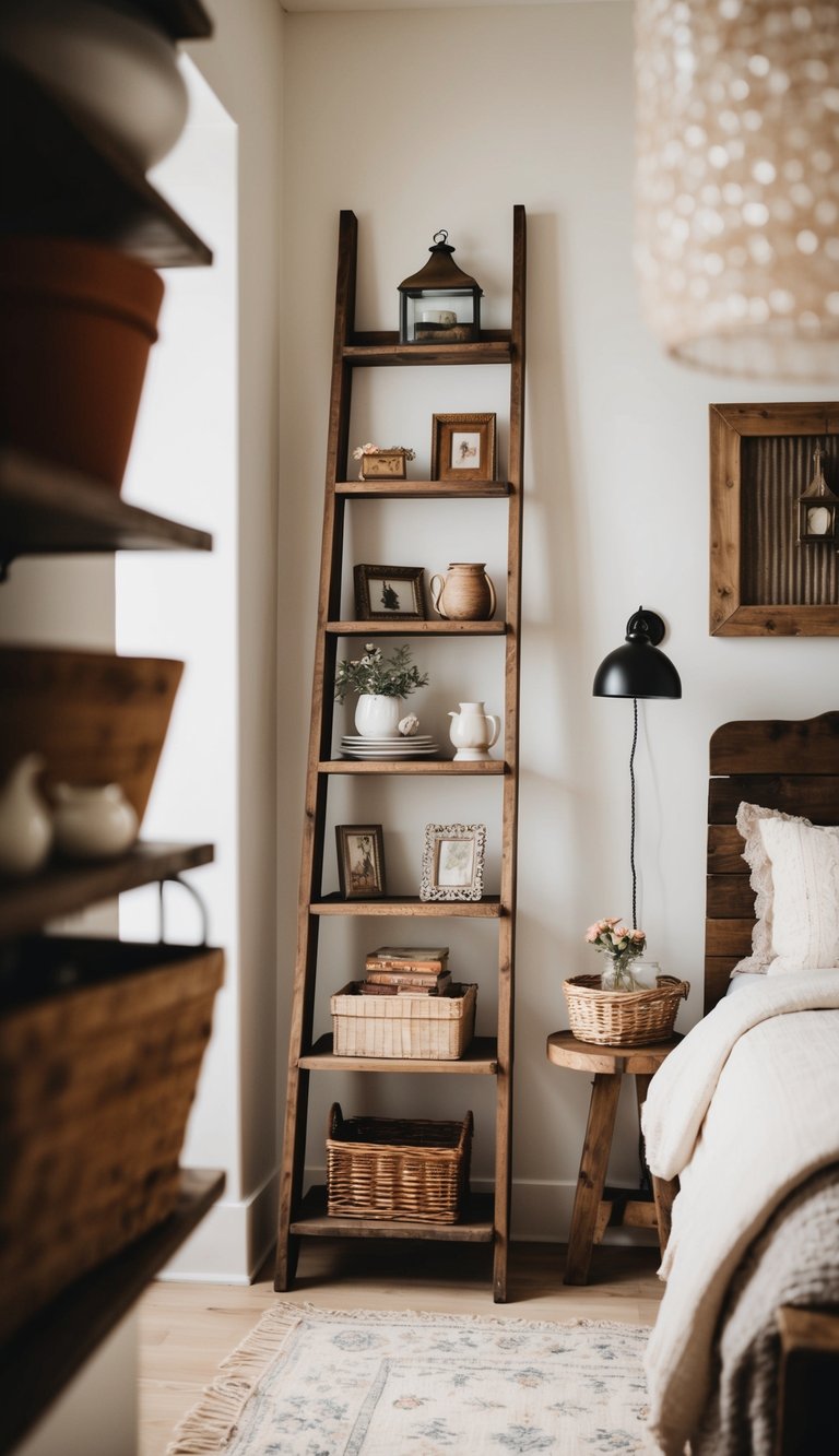 A rustic ladder shelf holds vintage decor in a cozy farmhouse bedroom