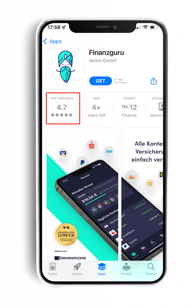 Esempio di valutazione di un buon app store di Finanzguru