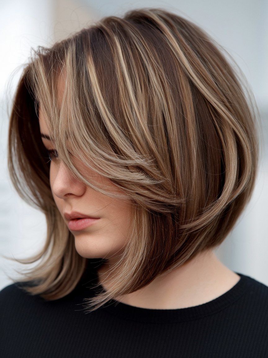 14. Angled Brunette Bob with Bronze Highlights