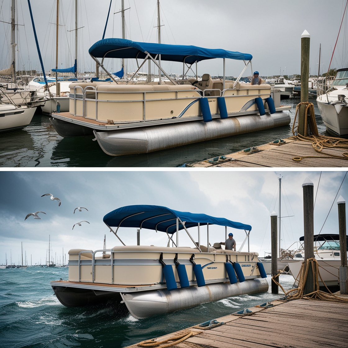 Pontoon boat with blue fenders 