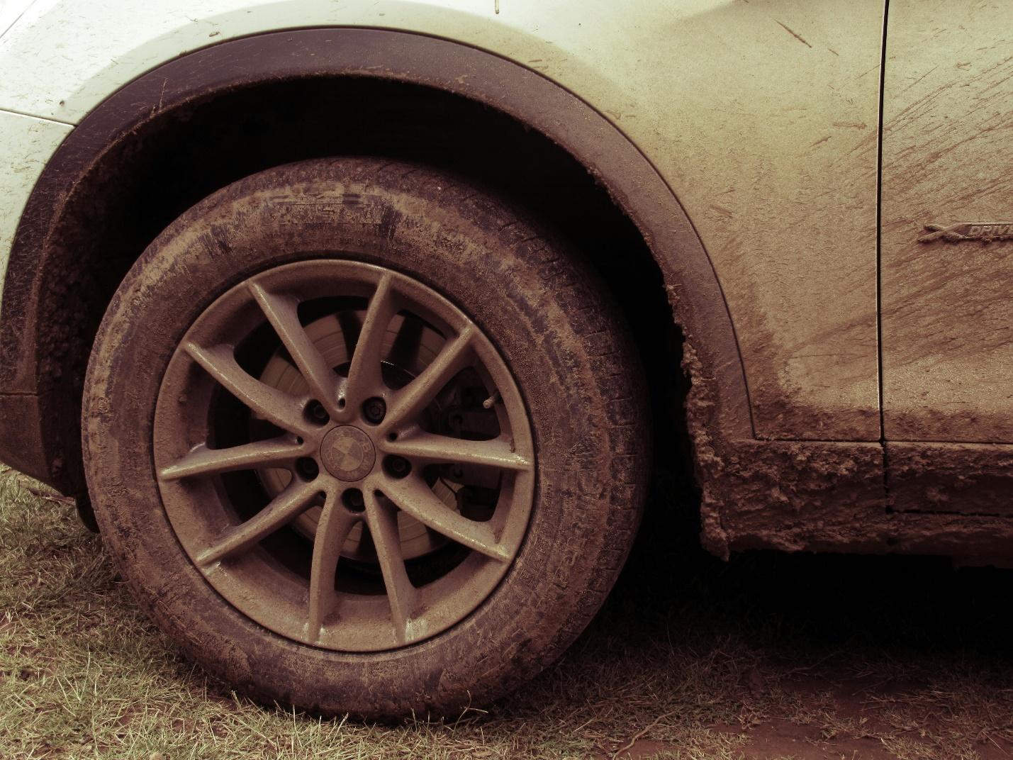 Close-up of a dirty car tire Description automatically generated