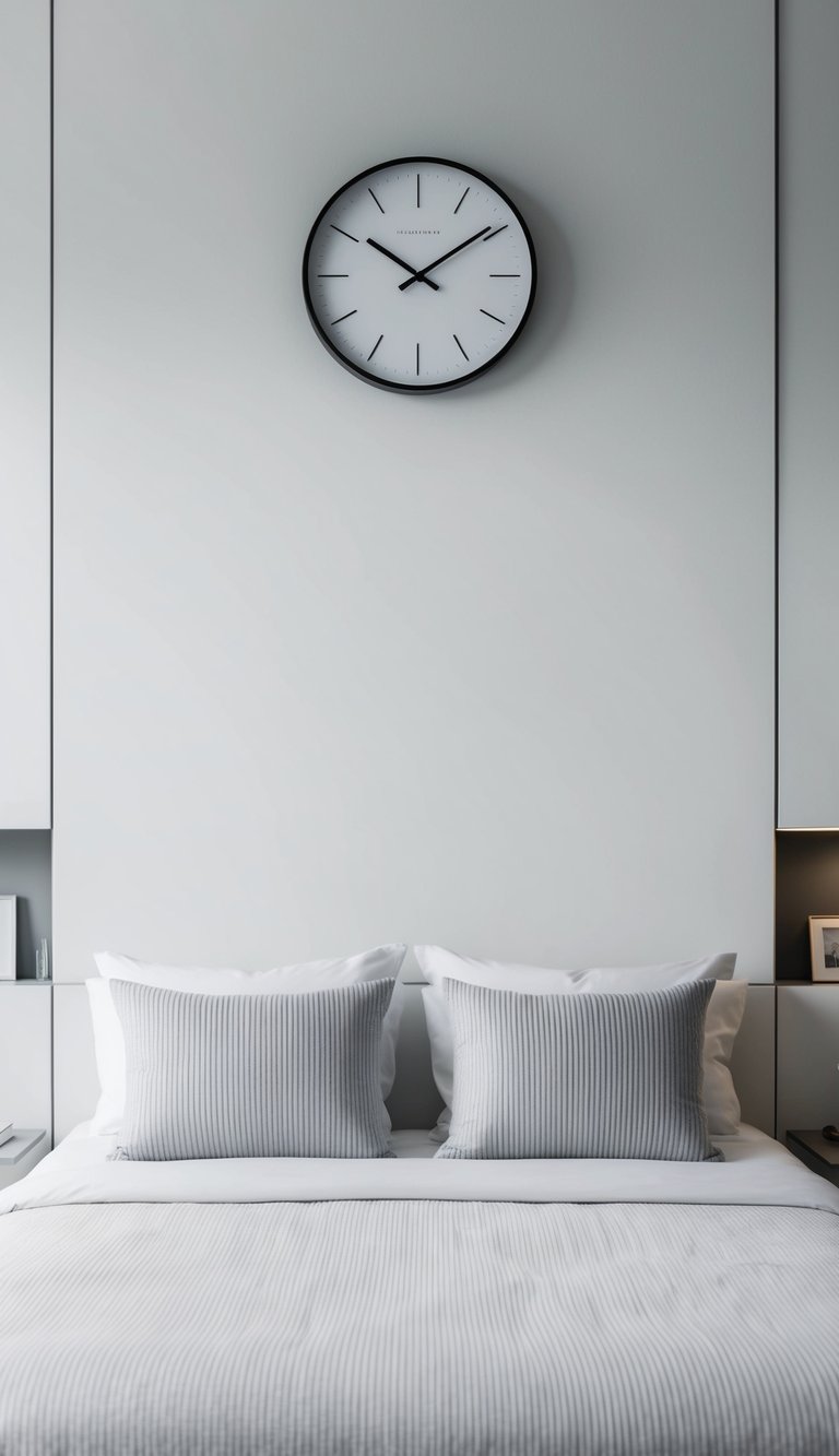 A simple, unadorned wall clock hangs above a sleek, uncluttered bedroom with clean lines and minimal decor