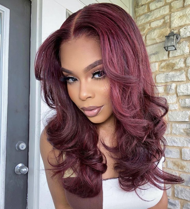 Muted Burgundy Waves with a Middle Part