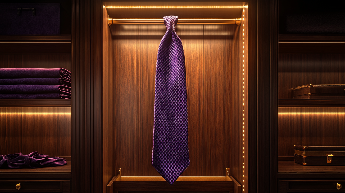 A royal purple tie hanging inside a sleek wooden wardrobe. The rich fabric drapes over a velvet hanger, illuminated by soft ambient lighting that enhances its depth and elegance. Dark wooden panels create a sophisticated setting, keeping the focus on the tie.