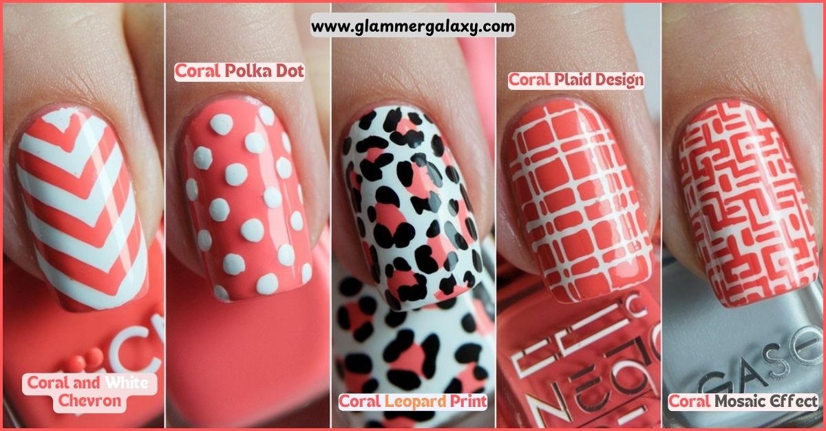 Five nails with different designs, including chevron, polka dot, leopard print, plaid, and mosaic patterns