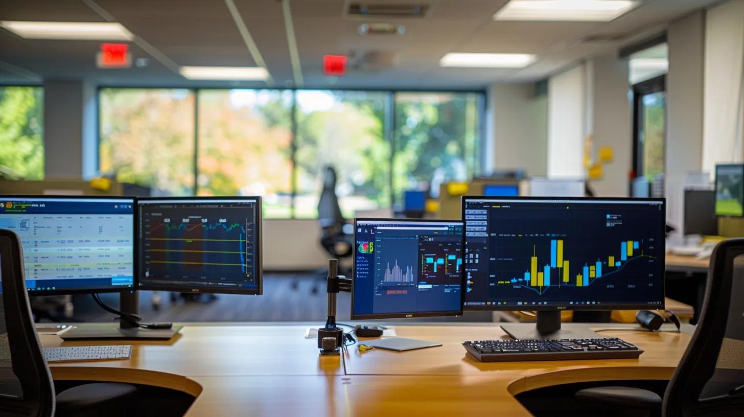 a sharply focused office workspace features dual monitors displaying analytics dashboards with keyword rankings and engagement metrics, emphasizing a data-driven approach to refining digital marketing strategies.