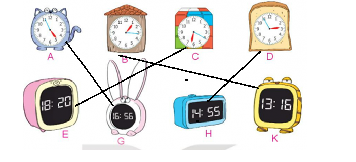 BÀI 66. XEM ĐỒNG HỒ. THÁNG - NĂMHOẠT ĐỘNG 1Bài 1: Số?Giải nhanh:a) Nam học Toán lúc 7 giờ 25 phút sáng.b) Mai học Âm nhạc lúc 10 giờ 10 phút sáng.c) Rô-bốt học Mĩ thuật lúc 2 giờ 33 phút chiều.d) Việt học Giáo dục thể chất lúc 3 giờ 42 phút chiều.Bài 2: Hai đồng hồ nào chỉ cùng thời gian vào buổi chiều?Giải nhanh:Bài 3: Chọn đồng hồ thích hợp với mỗi tranhGiải nhanh:a) Đồng hồ  A.b) Đồng hồ B.Bài 4: Số?a) 10 phút + 25 phút = ? phútb) 24 giờ - 8 giờ = ? giờc) 24 giờ × 2 = ? giờd) 60 phút : 6 = ? phútGiải nhanh:a) 10 phút + 25 phút = 35 phútb) 24 giờ - 8 giờ = 16 giờc) 24 giờ × 2 = 48 giờd) 60 phút : 6 = 10 phútHOẠT ĐỘNG 2Bài 1: Quan sát tờ lịch năm nay và cho biết:a) Những tháng nào có 30 ngày.b) Những tháng nào có 31 ngày.c) Tháng 2 năm nay có bao nhiêu ngày.Giải nhanh:a) Những tháng  có 30 ngày: tháng 4, tháng 6, tháng 9, tháng 11b) Những tháng có 31 ngày: tháng 1, tháng 3, tháng 5, tháng 7, tháng 8, tháng 10, tháng 12c) Tháng 2 năm nay có 28 ngày.LUYỆN TẬP