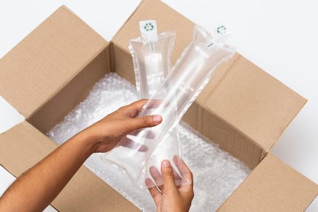 Hands holding airbag cushion for protecting the goods from delivery in opened the cardboard box
