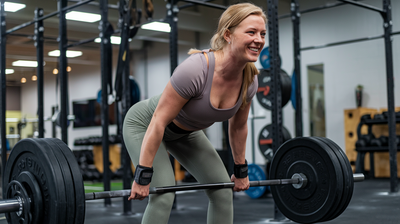 Create a realistic image of a white female in her 30s, smiling confidently while performing a deadlift with a barbell in a well-lit gym, surrounded by weight racks and exercise equipment, wearing comfortable workout attire in muted colors, with a focused expression conveying enjoyment and determination.