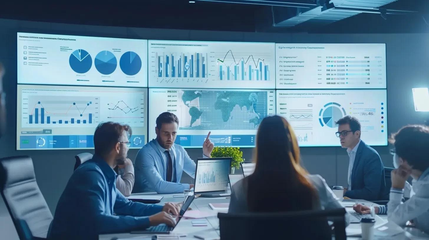 a modern office space features a sleek conference table surrounded by professionals engaged in dynamic discussions, with keyword analytics and user intent graphs displayed prominently on a large screen, emphasizing the strategic importance of understanding search intent in digital marketing.