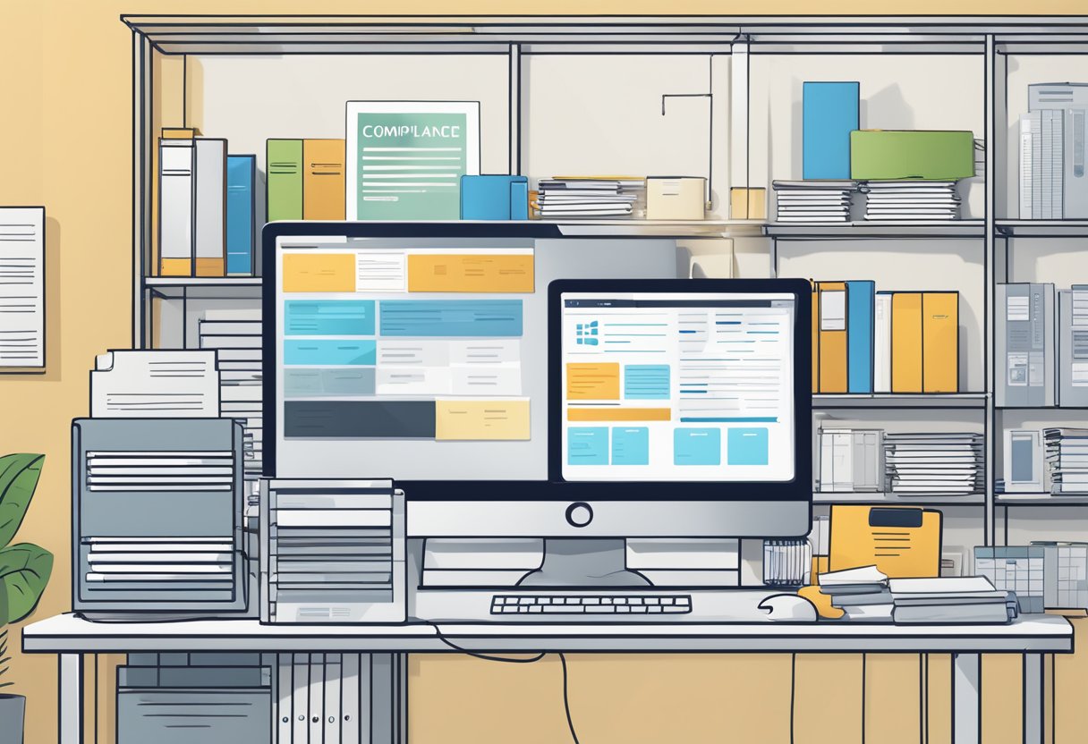 An office setting with a computer screen displaying HR automation software, surrounded by files and documents labeled "compliance."