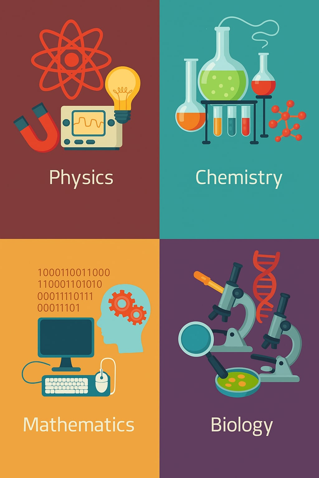 Colorful infographic representing the four core Science stream subjects in Class 11:

Physics: Illustrated with an atom model, a magnet, a light bulb, and an oscilloscope.
Chemistry: Depicted using test tubes, beakers with colorful liquids, and a molecular structure.
Mathematics: Shown with a computer, binary code, a mouse, and a head silhouette with gears.
Biology: Represented by microscopes, a DNA double helix, and a petri dish.
Each subject is displayed in its own colored quadrant with thematic icons that symbolize the nature of the subject.