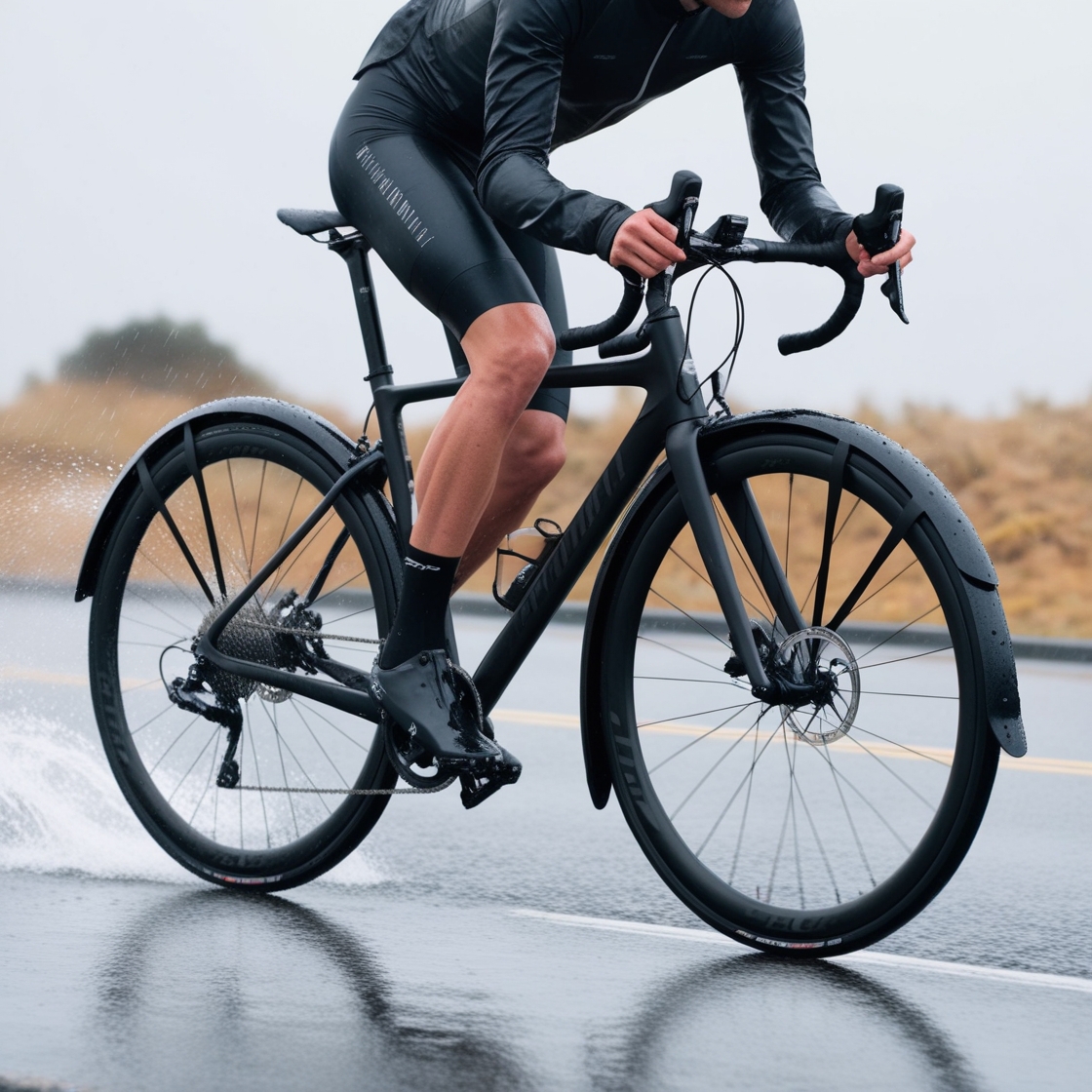 A bike rider on a road bike with narrow bike fenders