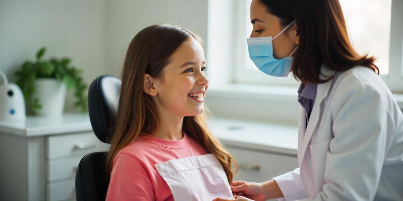 Young girl with braces smiling during a dental consultation with a female dentist wearing a mask.