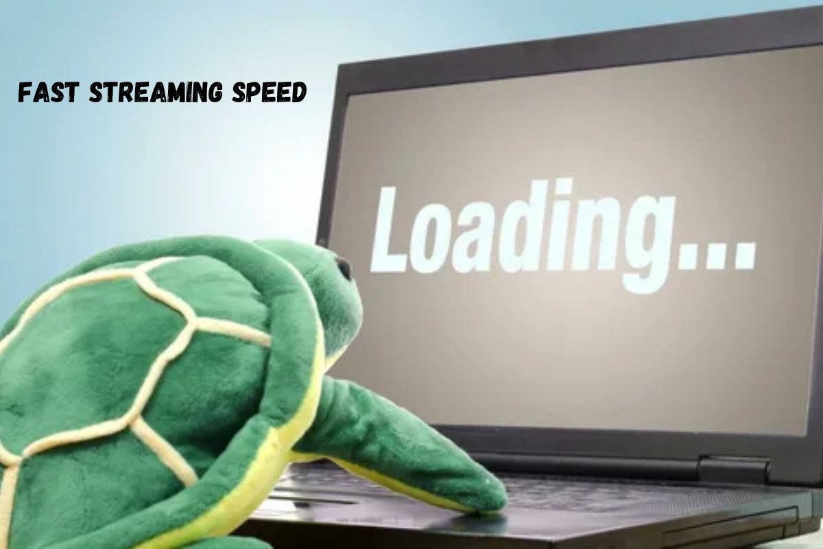 A plush turtle sitting on a laptop with a "Loading..." screen and the text "FAST STREAMING SPEED."