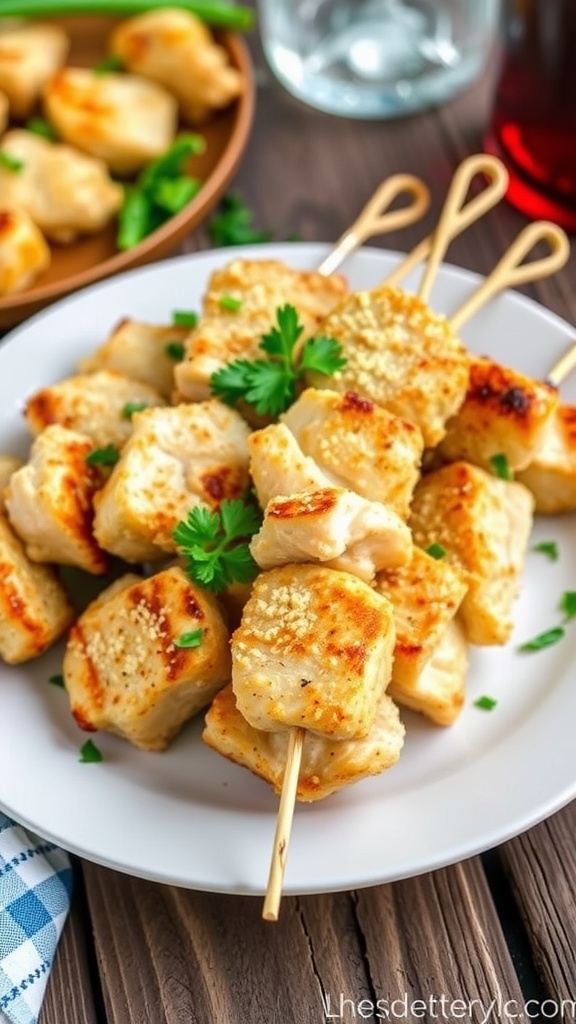 Golden-brown garlic parmesan chicken skewers garnished with parsley on a rustic plate.