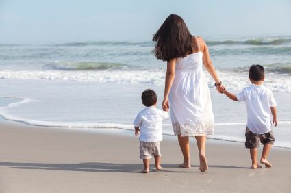 Family walking along the beach. 