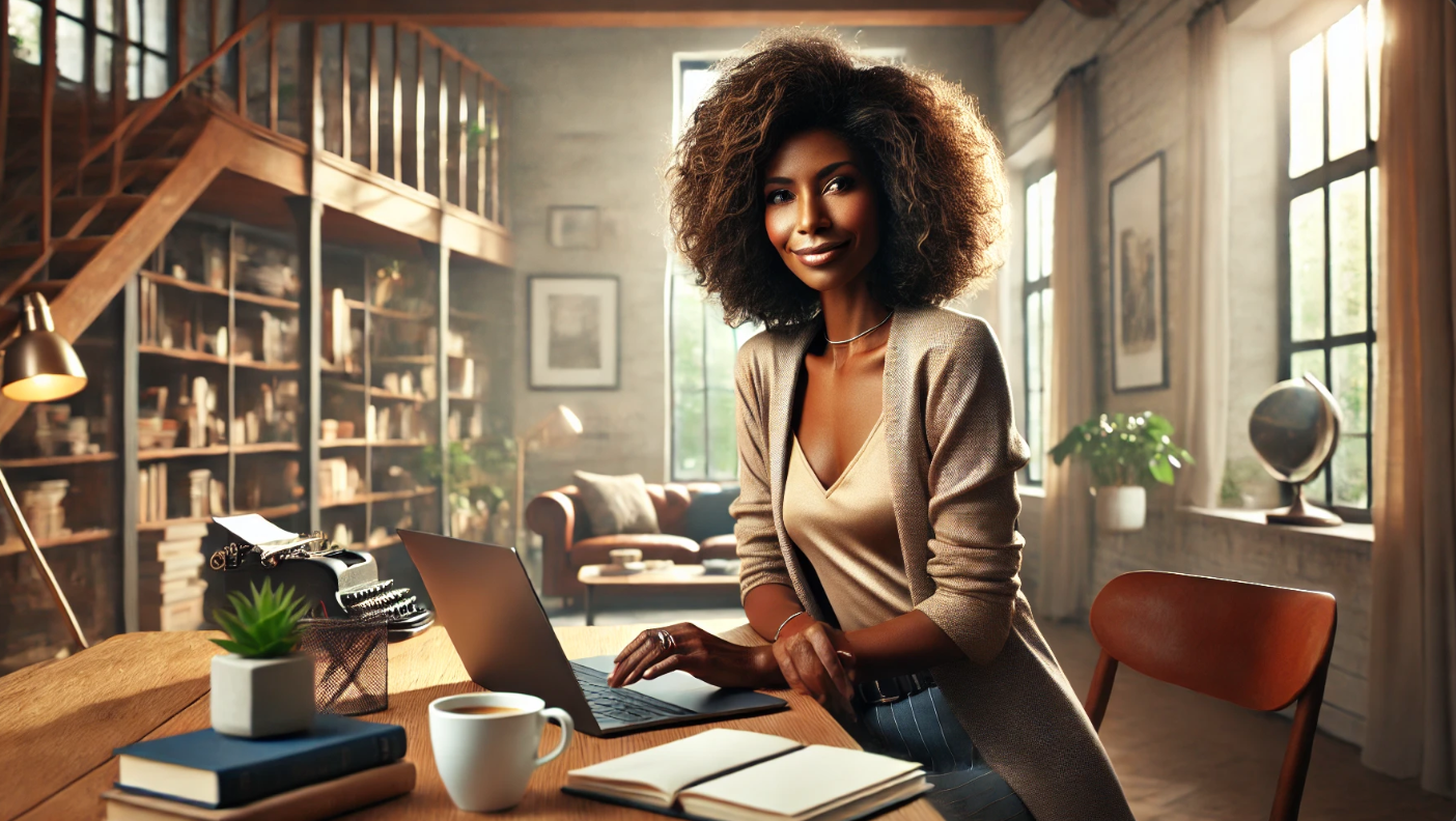 A confident woman with voluminous curly hair smiles while working on her laptop in a sunlit home office. She wears a stylish blazer over a silky top, exuding warmth and professionalism. The room features tall bookshelves, a wooden staircase, and cozy decor, including a vintage typewriter and a cup of coffee, creating an inspiring and creative workspace.