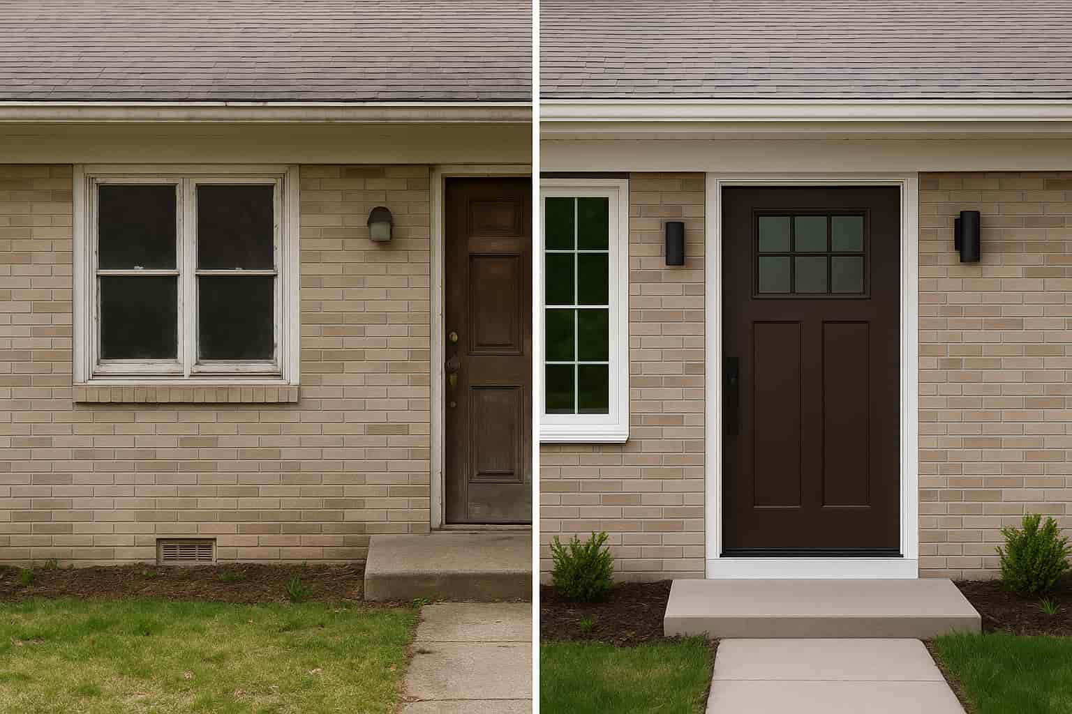 Before and after comparison showing home with old windows versus new window installation leads to improved curb appeal and faster home sales.