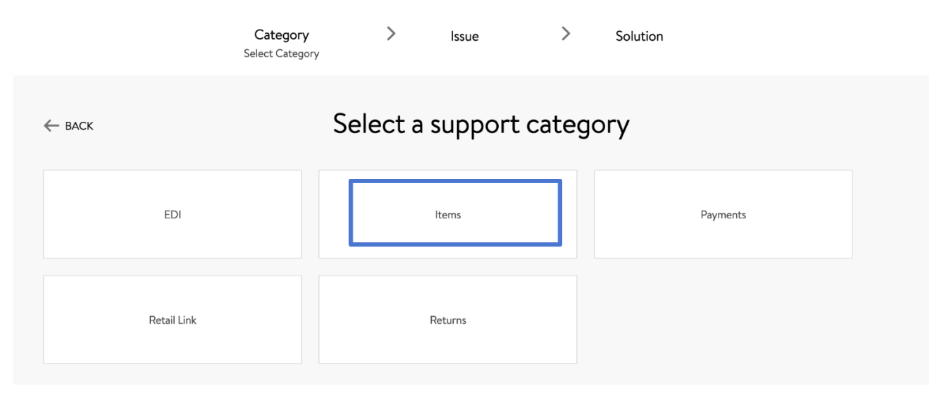 Select a support category: edi, items, payments, retail link, ret