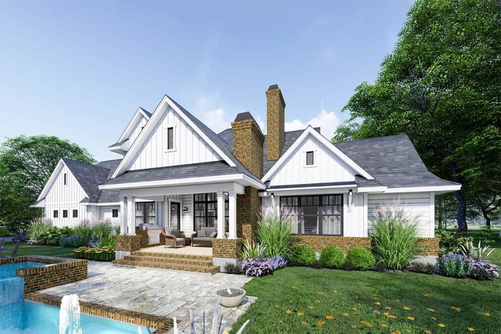 Rear-left rendering of the two-story 4-bedroom modern farmhouse.