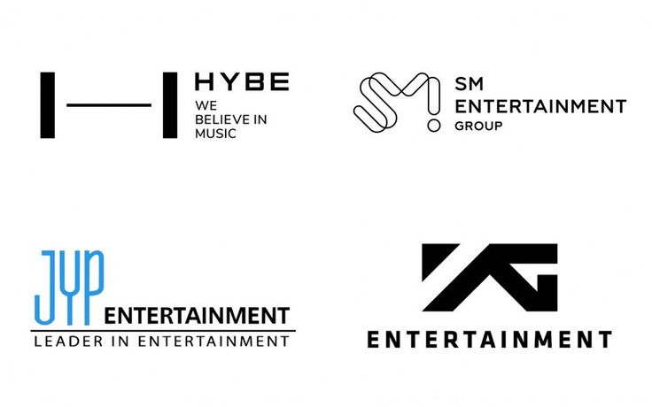 This contains an image of four different logos designed for entertainment company hybe, we believe in music, sm entertainment group, and jyp entertainment