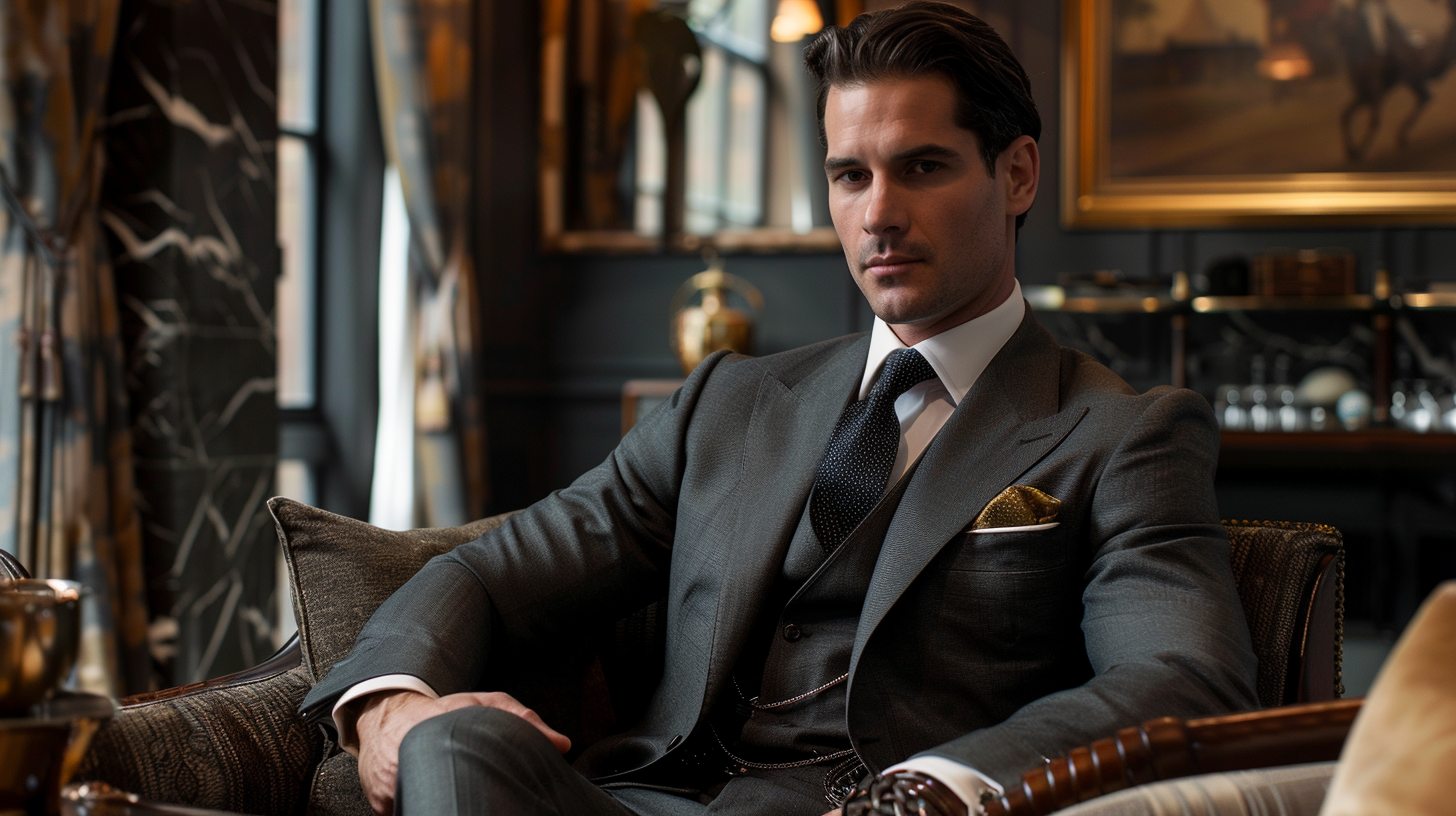 A man in a classic fit charcoal gray suit, with a relaxed cut in the chest and legs. He sits in a refined lounge or office setting, conveying timeless, traditional elegance and comfort.