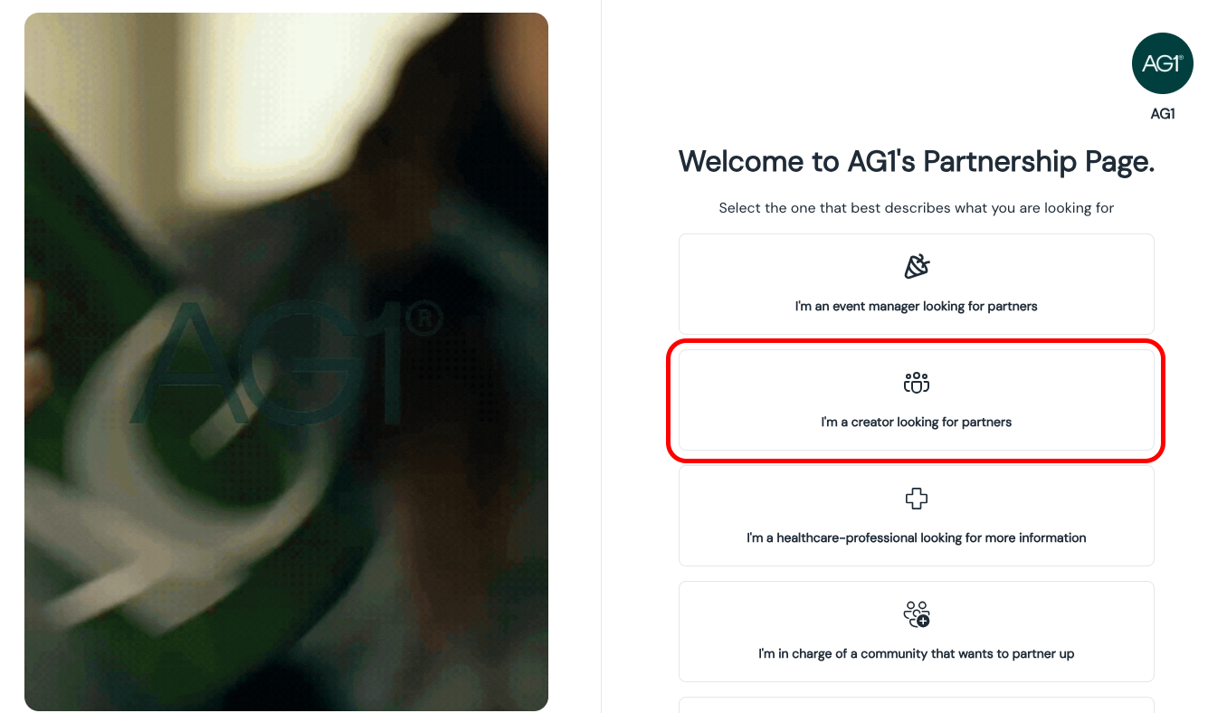 AG1's landing page for partners