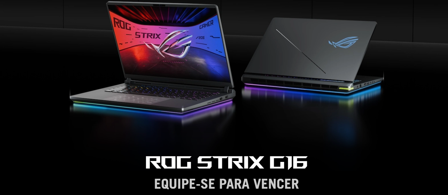 Dois notebooks gamer ROG Strix G16 com iluminação RGB, um aberto mostrando a tela com a logo ROG, em ambiente escuro.