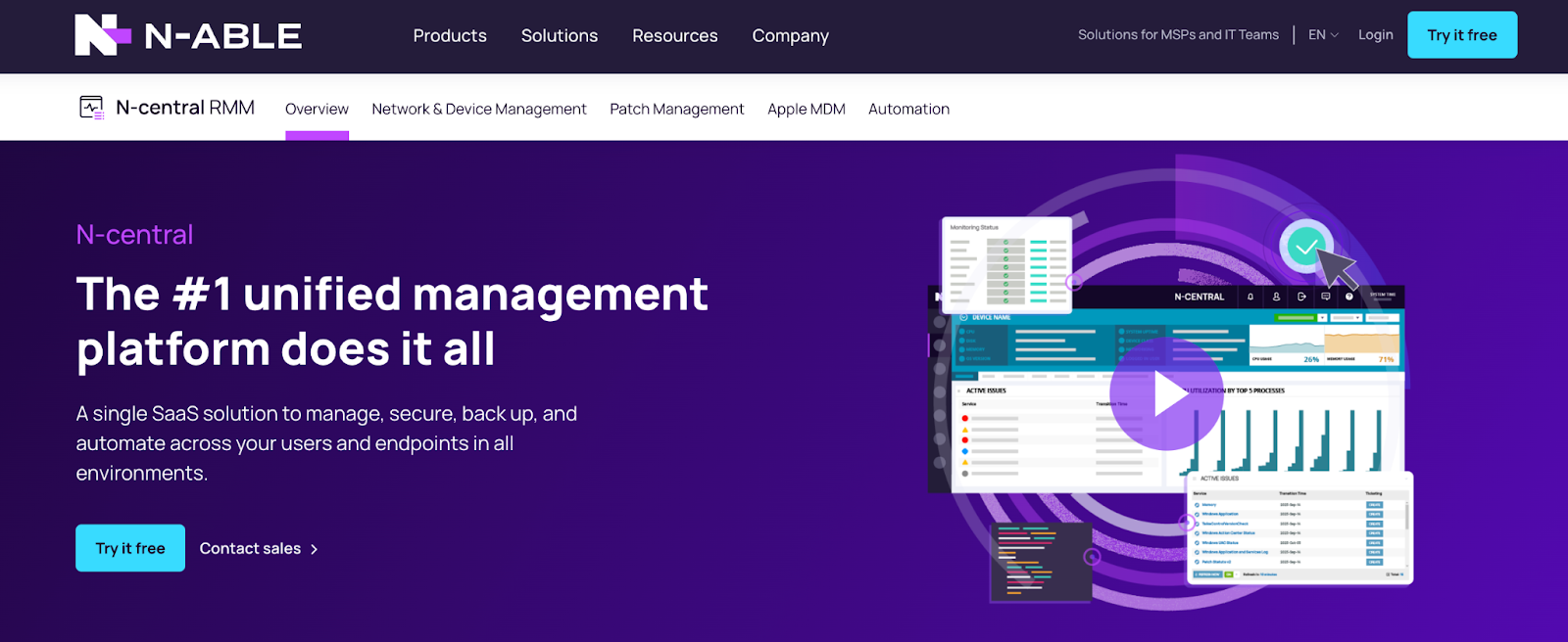 N-Able homepage picture. It says, "The #1 unified management platform does it all."