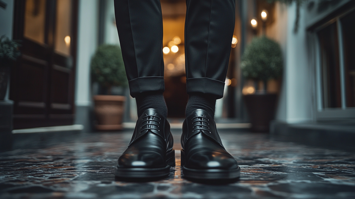 A groom in a perfectly tailored black suit, wearing a sleek black shirt underneath. The all-black combination creates a formal and sophisticated look, perfect for a wedding. The black shirt pairs seamlessly with the black suit, maintaining an elegant, polished appearance. The groom’s look is completed with a pair of shiny black leather shoes, adding to the refined and stylish vibe. The scene takes place in an upscale wedding venue, highlighting the groom’s confident, modern presence as he prepares for his big day, exuding timeless sophistication.