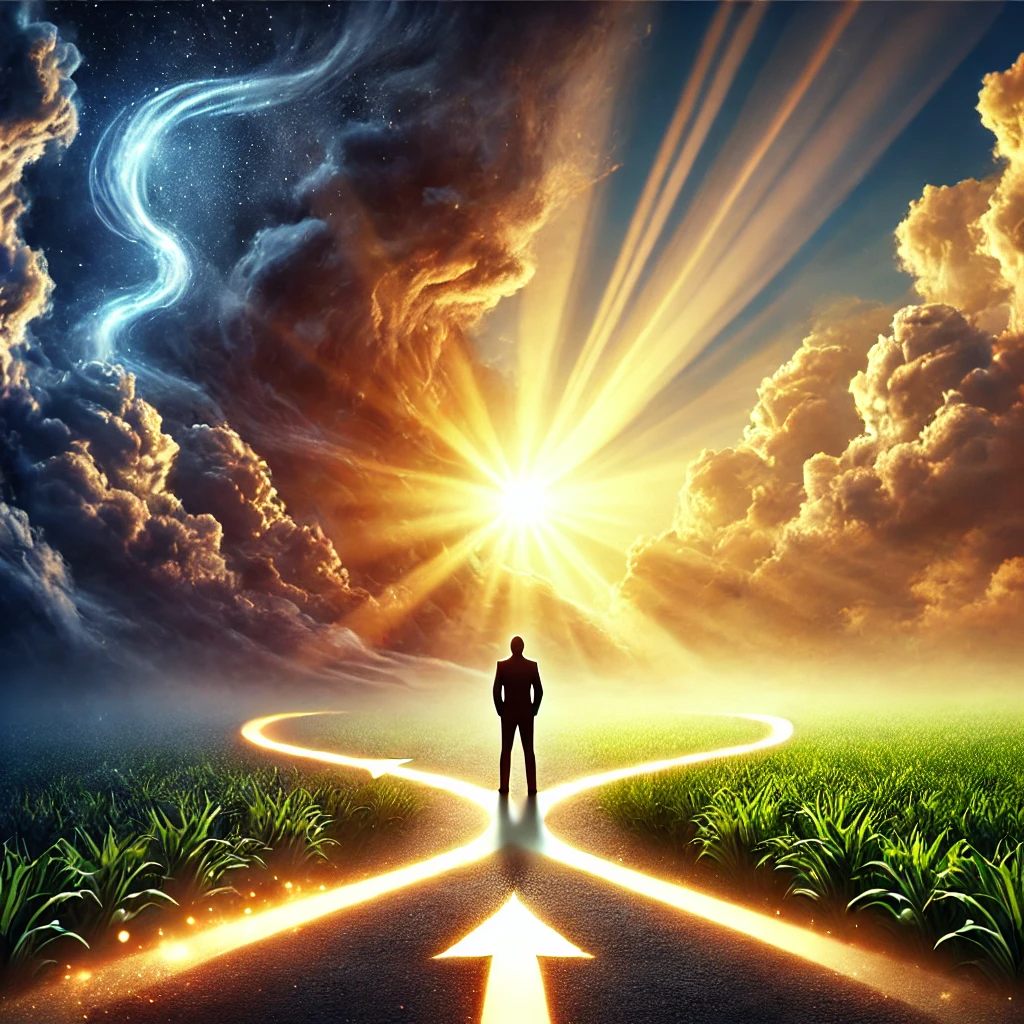 A person standing at a crossroads, contemplating a bright, glowing path that leads forward, symbolizing clarity and purpose. One side of the image is dark with clouds, representing pain and struggle, while the other side transitions into a sunlit sky with rays of light, symbolizing hope and embracing one's true path. The path is lined with lush greenery, suggesting growth and potential, as the person stands determined to move from darkness into light.