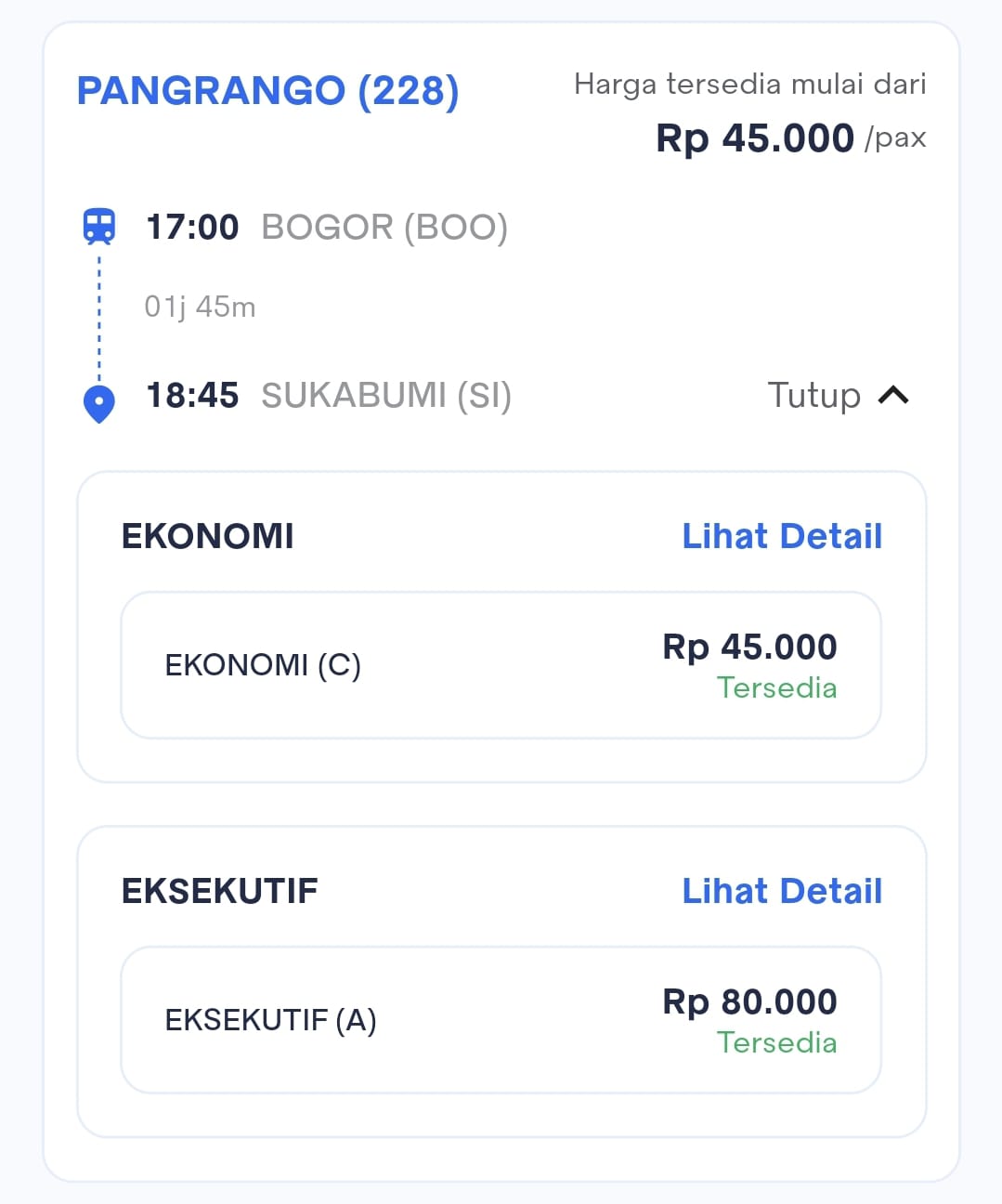 Harga Tiket KA Pangrango (228)  Bogor (BOO) — Sukabumi (SI)