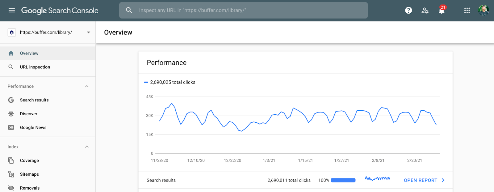 Screenshot of Google Search Console a tool to help Monitor and improve Google search performance