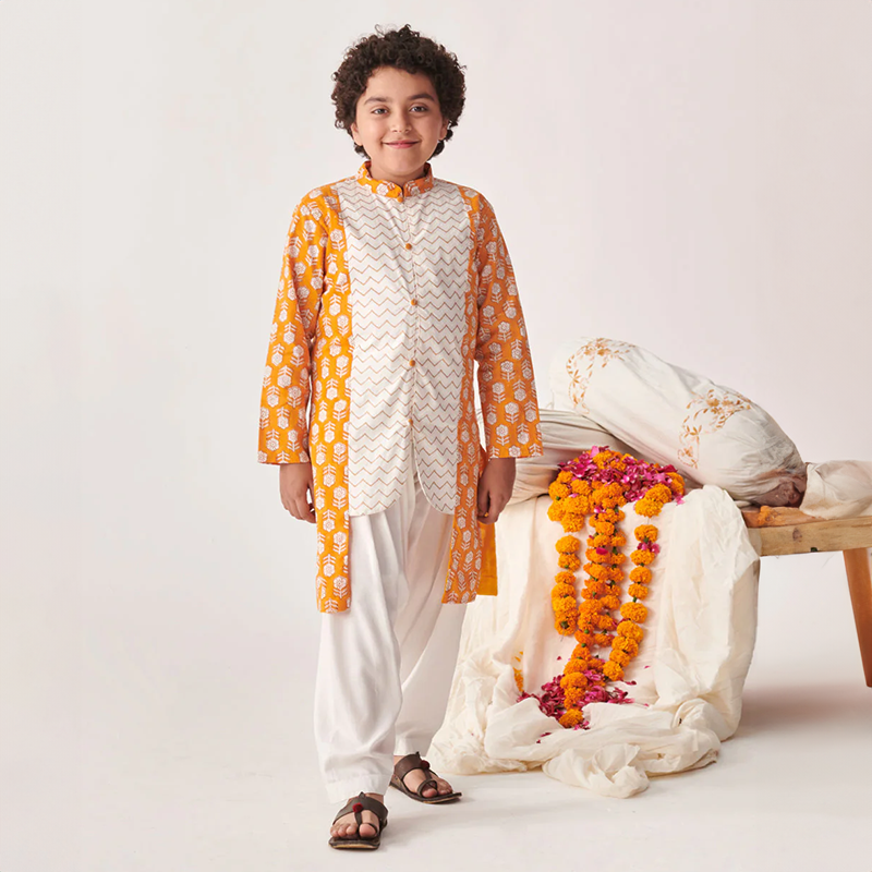 Floral Printed Orange Kurta Pyjama