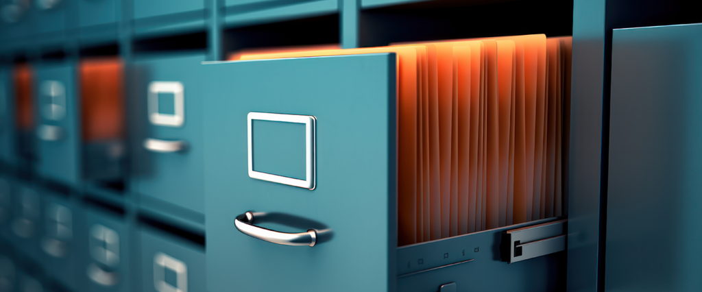 A filing cabinet with orange folders. Description automatically generated