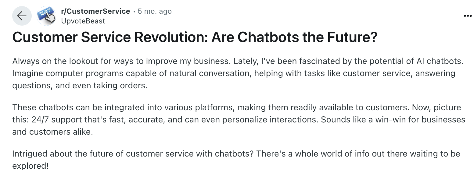 Reddit user's view on AI powered chatbots