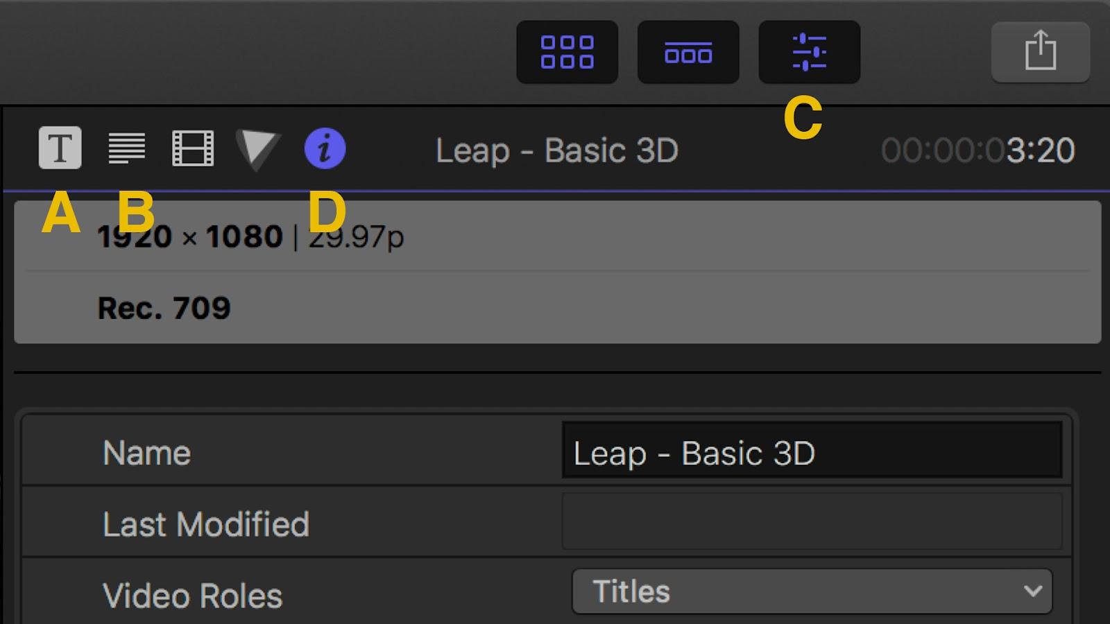 Final Cut Pro window with four options. A is a square with a T, B is an icon with multiple lines, C is a settings icon, D is an icon with an i in a circle