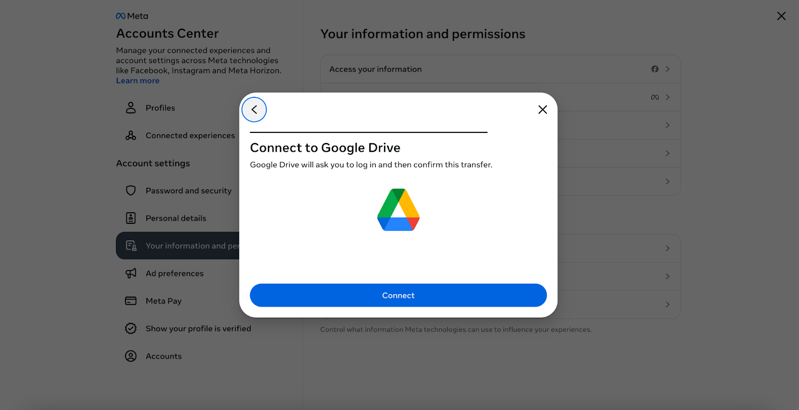 A modal window reading "Connect to Google Drive" with a button called "Connect."