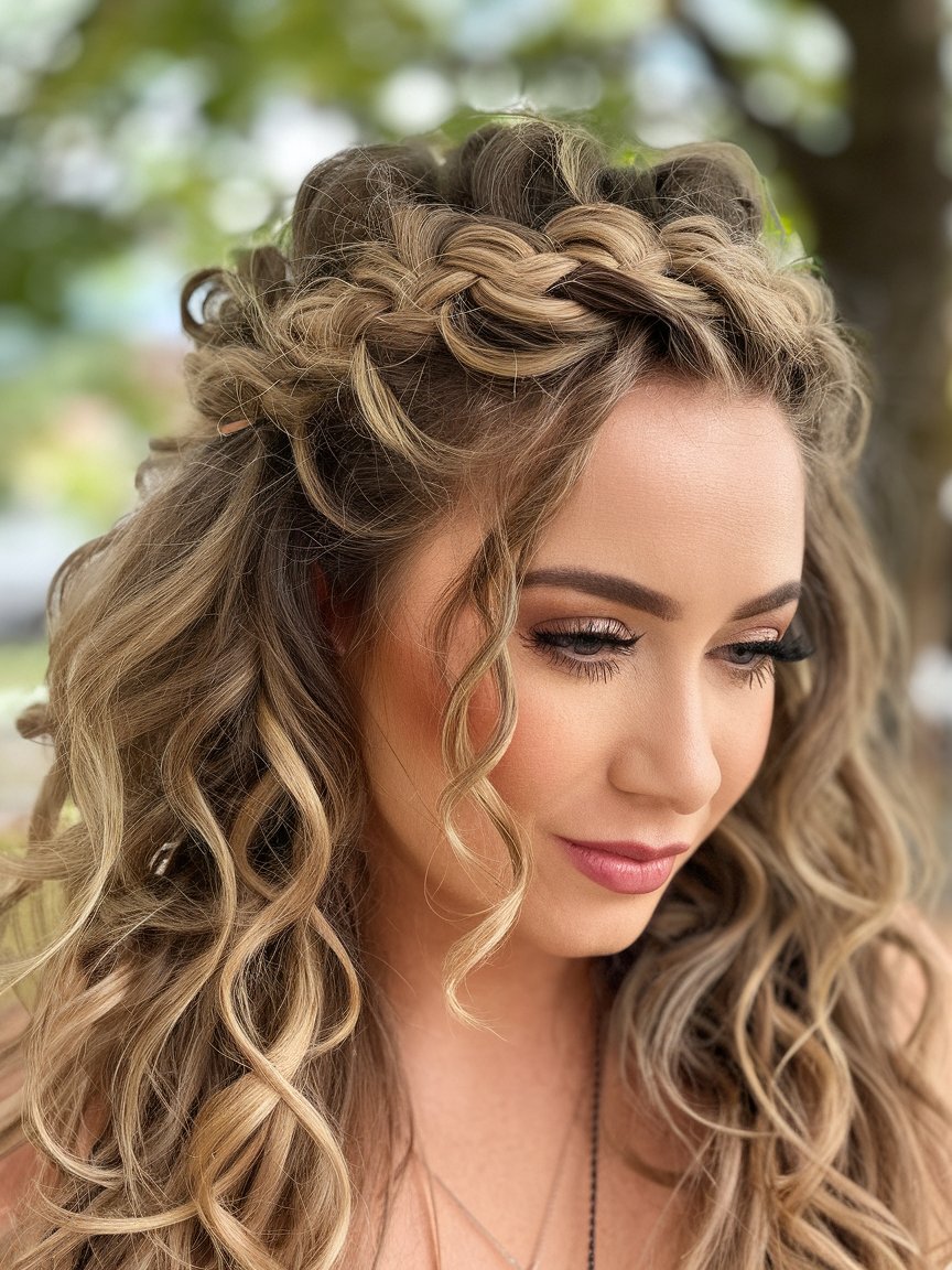 13. Tousled Crown Braid with Loose Curls