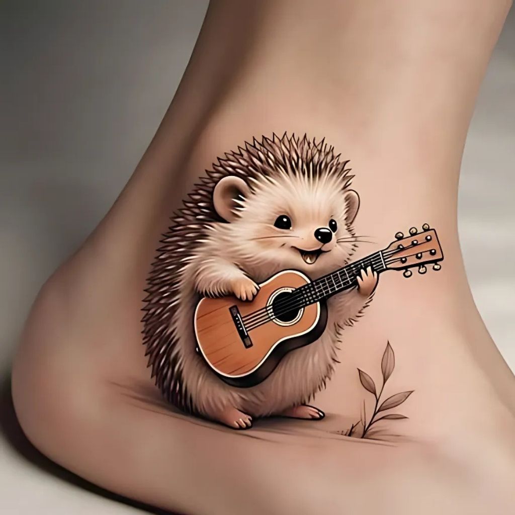 Hedgehog Playing a Musical Instrument Tattoo
